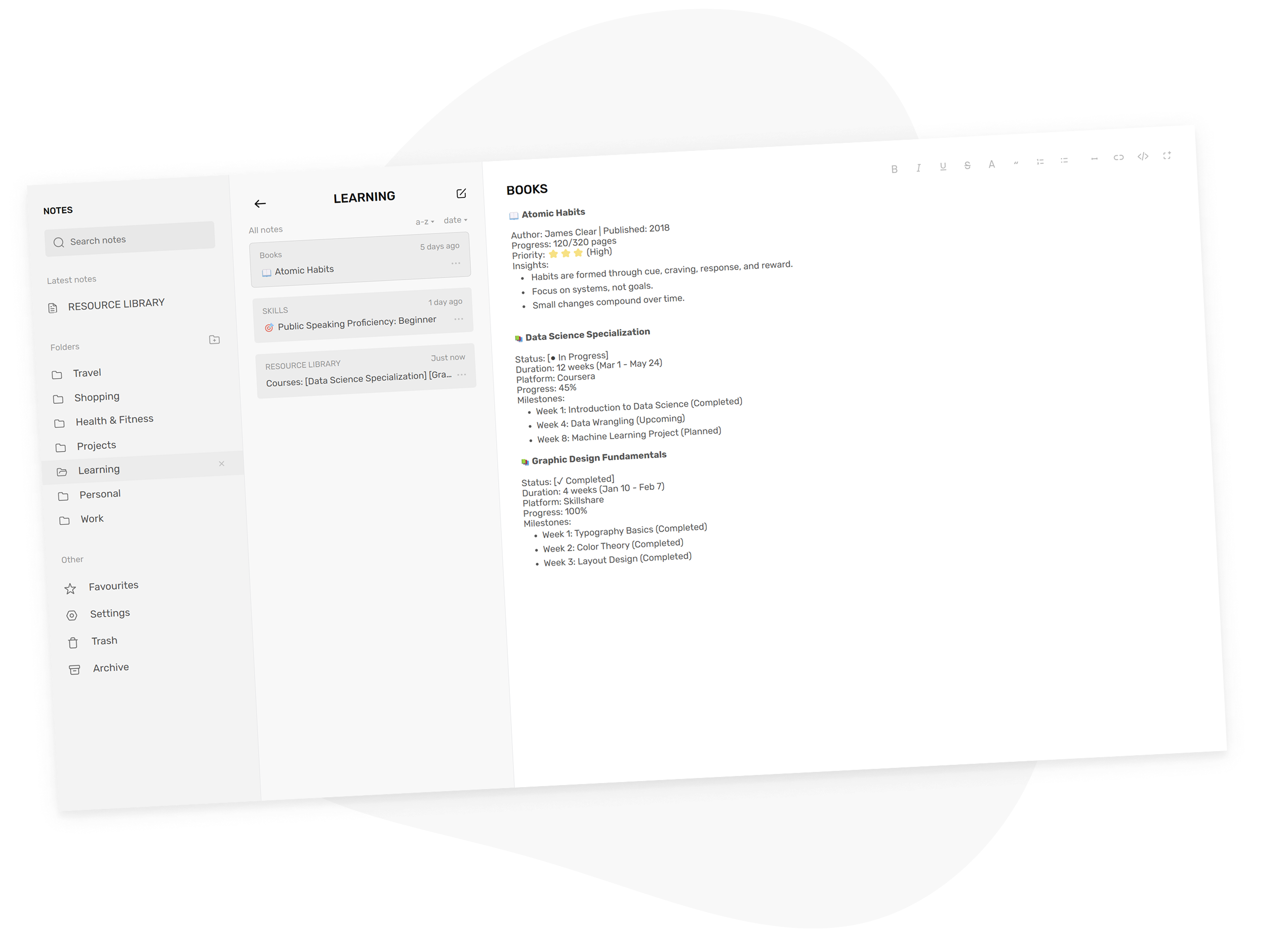 User interface of Tonotes note-taking app